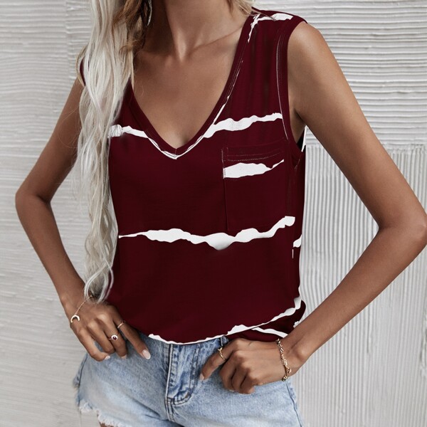 

V-neck Contrast Panel Tank Top, Burgundy