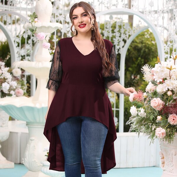 

Plus Contrast Lace V-neck High Low Blouse, Maroon