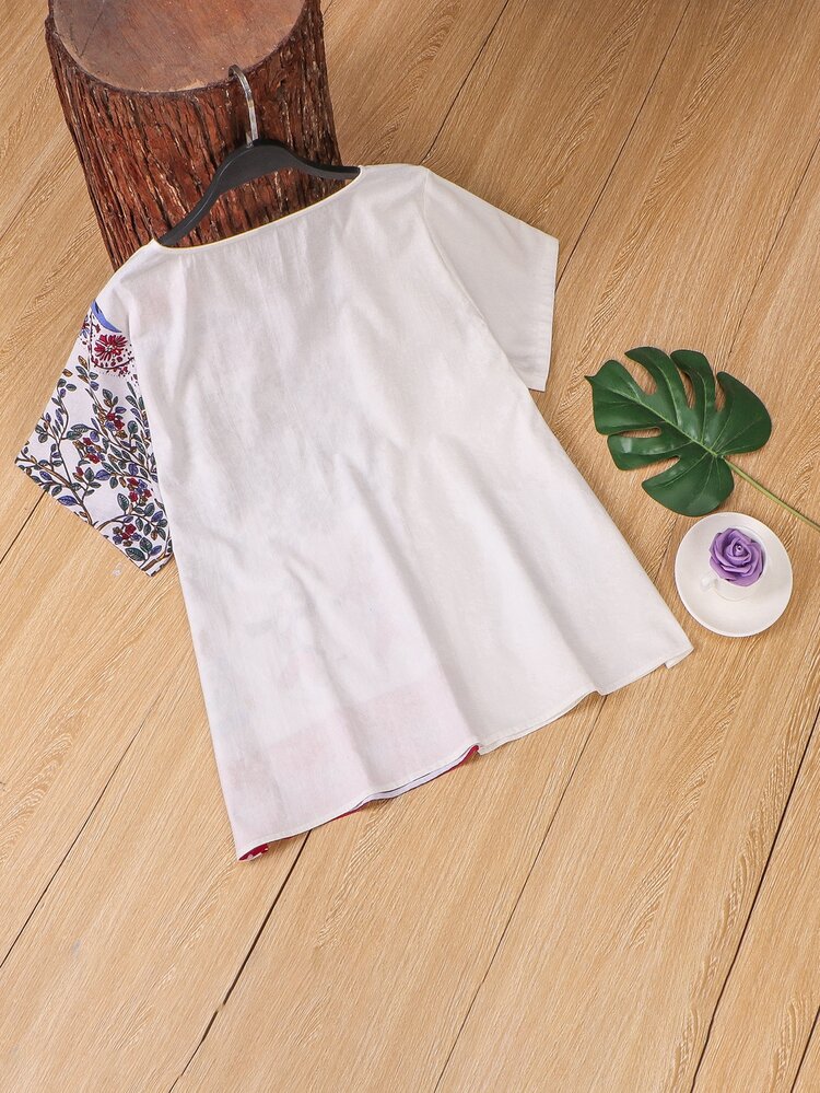 SHEIN LUNE Blusas Extra Grandes Bolsillo Figuras Plantas Casual - Multicolor - Añade 2