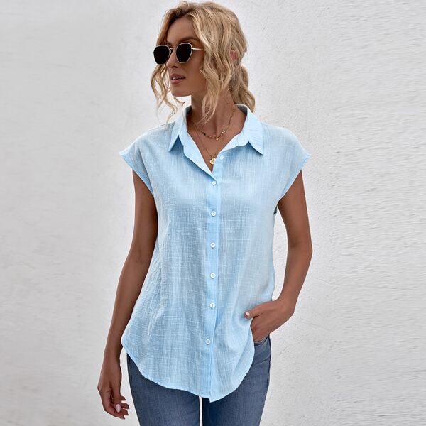 

Solid Batwing Sleeve Curved Hem Blouse, Blue