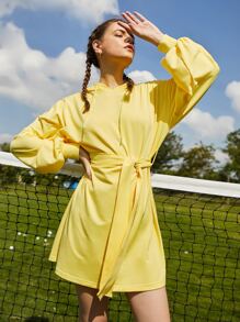 SHEIN Unity 落肩袖腰帶連帽衫洋裝 - 黃色 - 查看 1