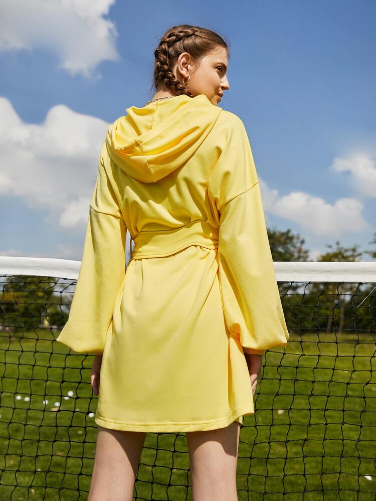 SHEIN Unity 落肩袖腰帶連帽衫洋裝 - 黃色 - 查看 2