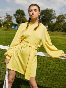 SHEIN Unity 落肩袖腰帶連帽衫洋裝 - 黃色 - 查看 3
