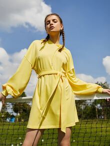 SHEIN Unity 落肩袖腰帶連帽衫洋裝 - 黃色 - 查看 4