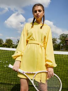 SHEIN Unity 落肩袖腰帶連帽衫洋裝 - 黃色 - 查看 5