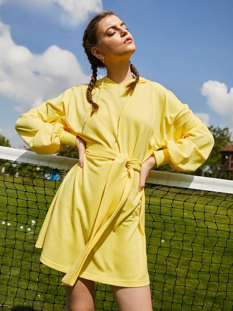 SHEIN Unity 落肩袖腰帶連帽衫洋裝 - 黃色 - 查看 6