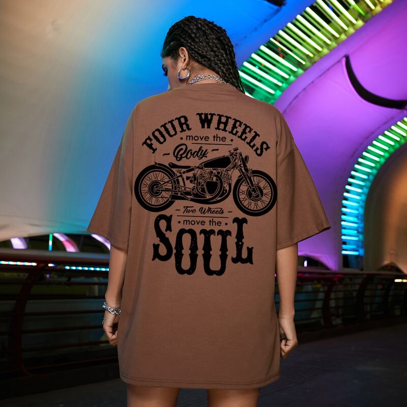 

Motorcycle & Letter Graphic Tee, Brown
