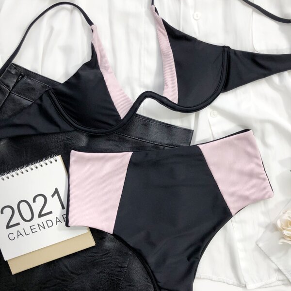 

Color Block Underwire High Waisted Bikini Swimsuit, Multicolor