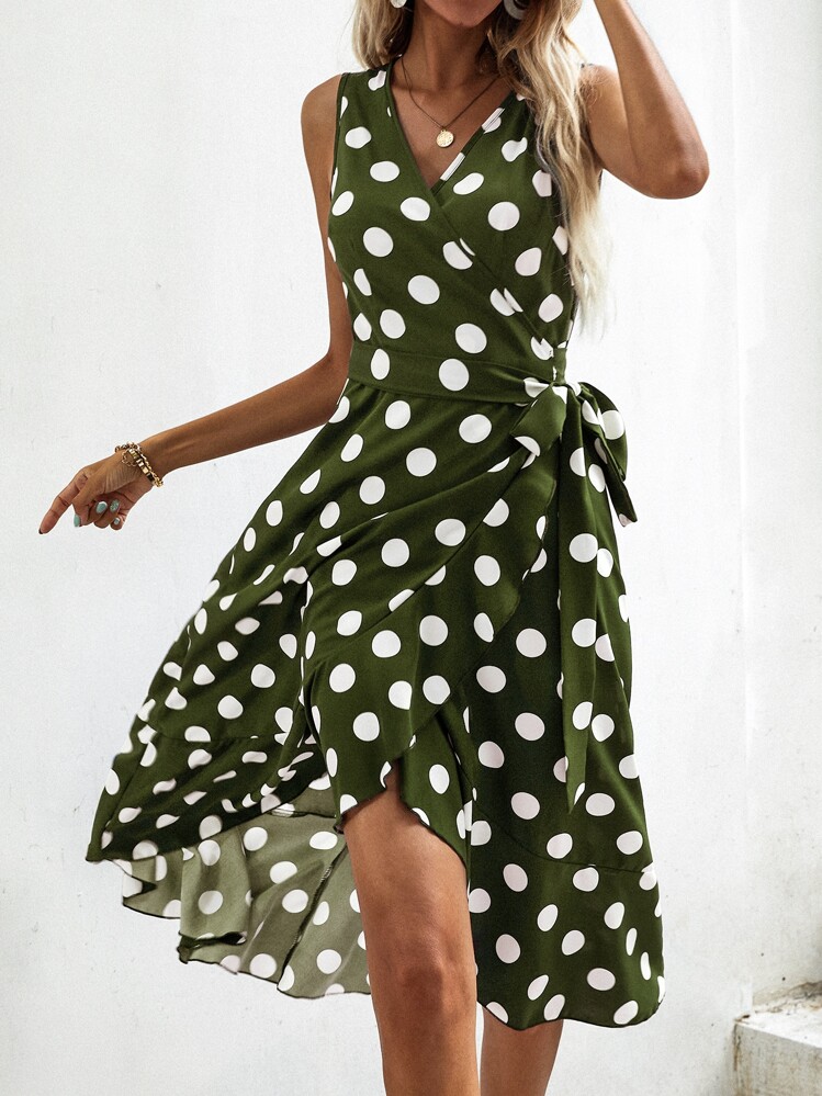 SHEIN VCAY Polka Dot Knot Side Wrap Dress - Army Green - View 1