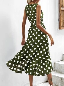 SHEIN VCAY Polka Dot Knot Side Wrap Dress - Army Green - View 2