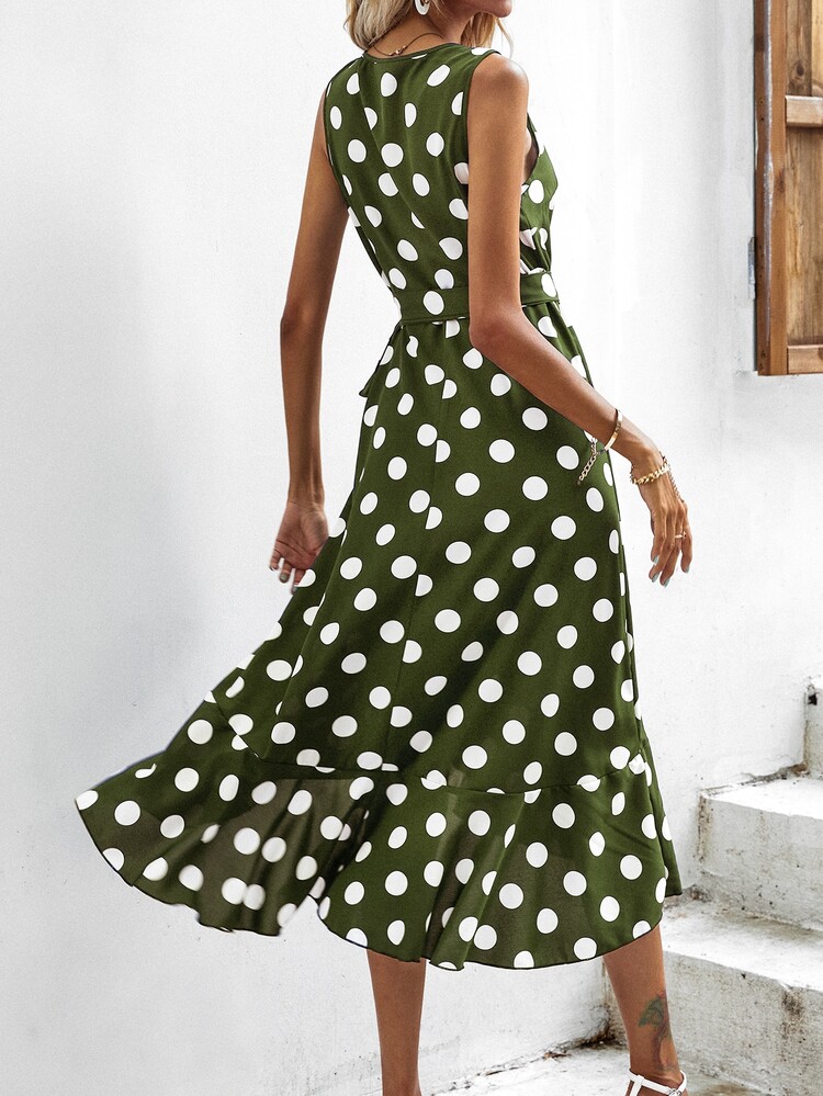 SHEIN VCAY Polka Dot Knot Side Wrap Dress - Army Green - View 2