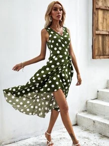 SHEIN VCAY Polka Dot Knot Side Wrap Dress - Army Green - View 3