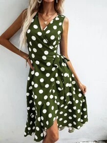 SHEIN VCAY Polka Dot Knot Side Wrap Dress - Army Green - View 4