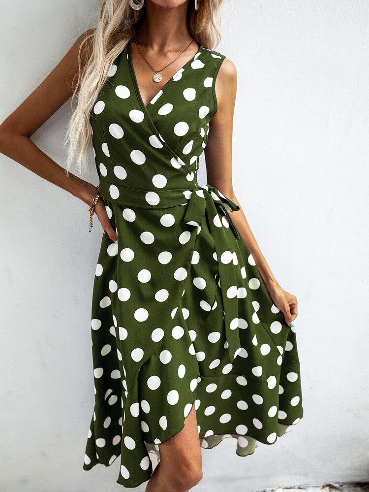 SHEIN VCAY Polka Dot Knot Side Wrap Dress - Army Green - View 4