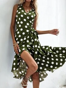 SHEIN VCAY Polka Dot Knot Side Wrap Dress - Army Green - View 6