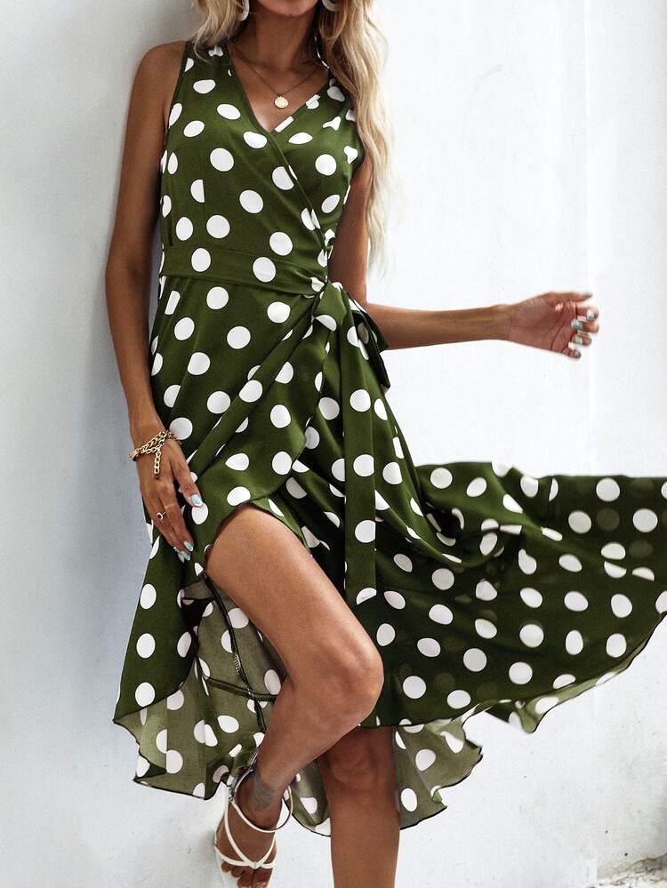 SHEIN VCAY Polka Dot Knot Side Wrap Dress - Army Green - View 6