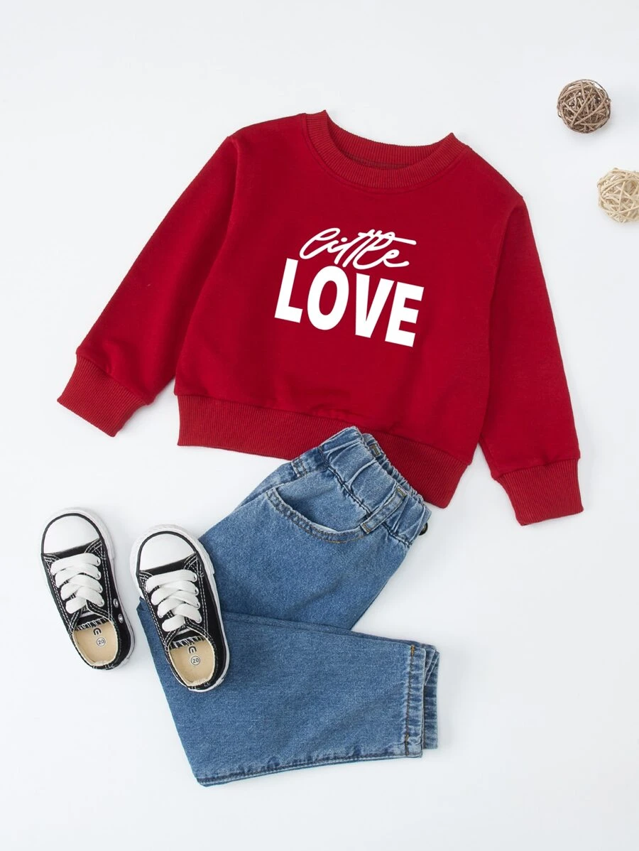 SHEIN Toddler Girls Letter Graphic Sweatshirt - Burgundy - View 1