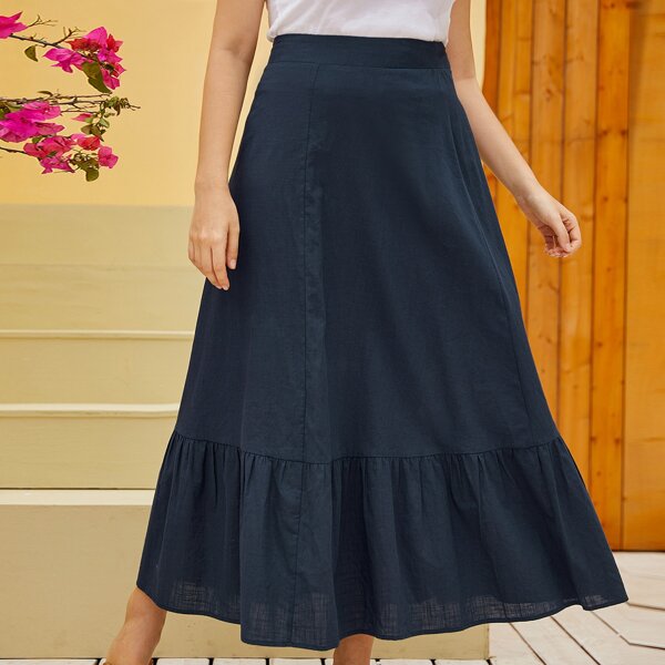

Plus Solid Ruffle Hem Skirt, Navy blue