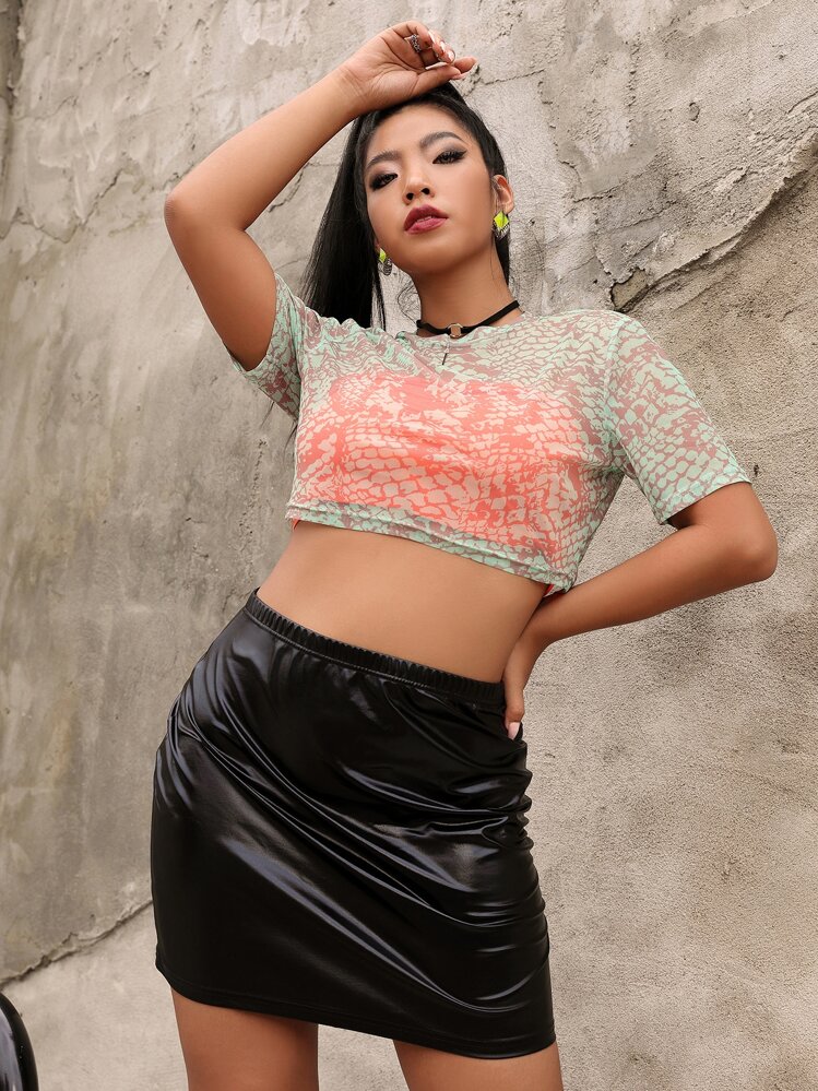 SHEIN Unity Plus Crocodile Print Sheer Top Without Bandeau - Multicolor - View 1