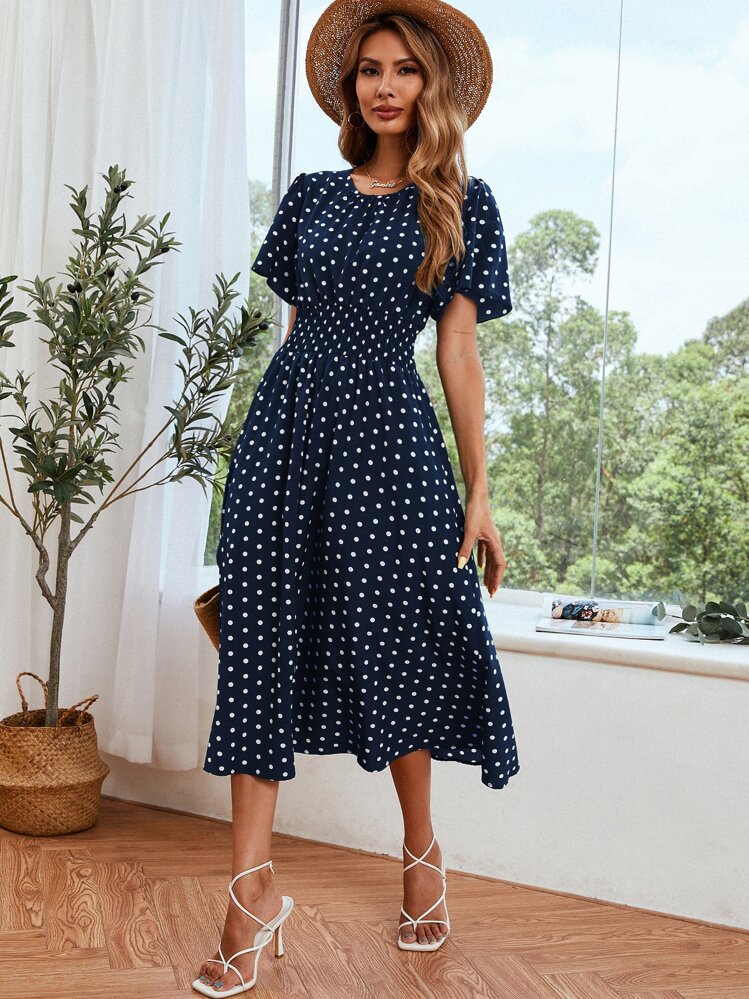 Breezaya 波點圖案蝴蝶袖打攬連衣裙 - 藏蓝色 - 查看 3