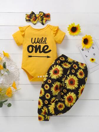 بنطلون زهرة دوار الشمس مع بدسويت مكشكش بجرافيك عبارة مع عصابة راس للبنات الأطفال