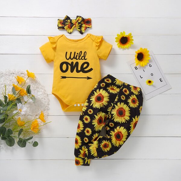 

Baby Girl Letter Graphic Ruffle Bodysuit & Sunflower Pants & Headband, Multicolor