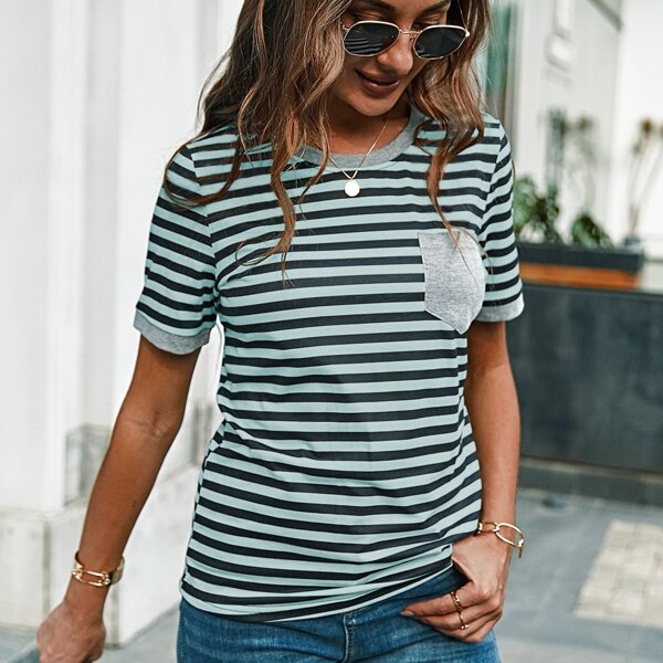 

Striped Print Round Neck Tee, Multicolor
