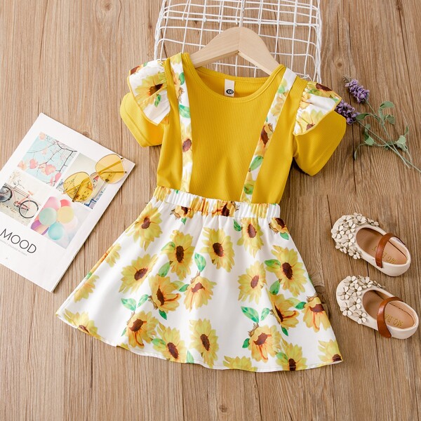 

Toddler Girls Ruffle Tee With Sunflower Pinafore Skirt, Multicolor