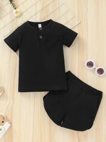 Toddler Boys Rib Knit Tee & Shorts - Black - View 1