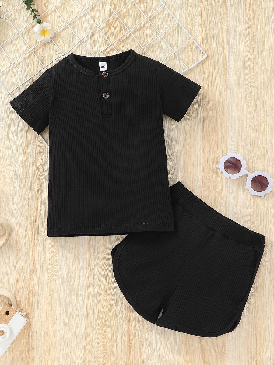 Toddler Boys Rib Knit Tee & Shorts - Black - View 1
