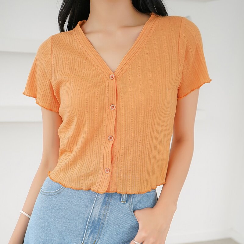 V-neck Button Front Lettuce Trim Top, Mustard yellow