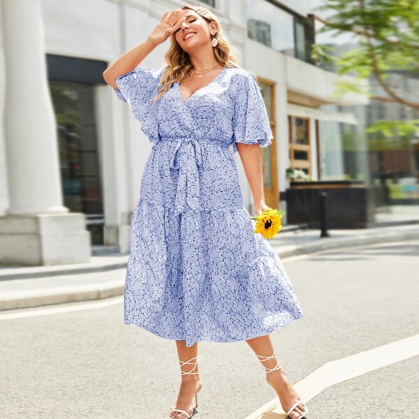 

Plus Ditsy Floral Butterfly Sleeve Belted A-line Dress, Blue