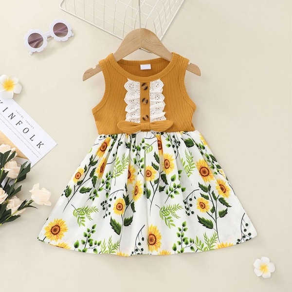 

Toddler Girls Sunflower Bow Front Schiffy Ruffle A-line Dress, Multicolor