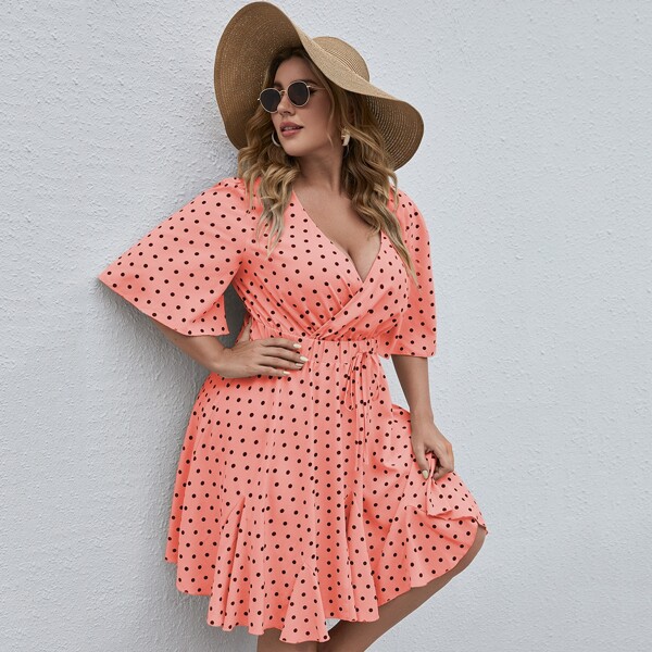 

Plus Surplice Front Polka Dot Dress, Coral pink
