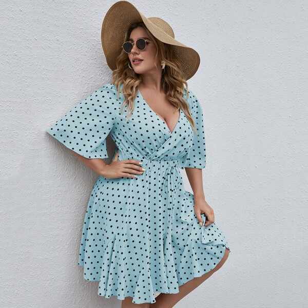 

Plus Surplice Front Polka Dot Dress, Baby blue