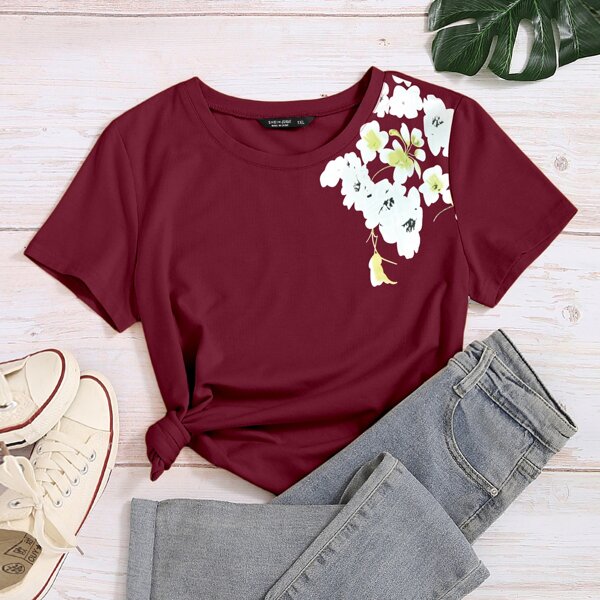 

Plus Floral Print Short Sleeve Tee, Burgundy