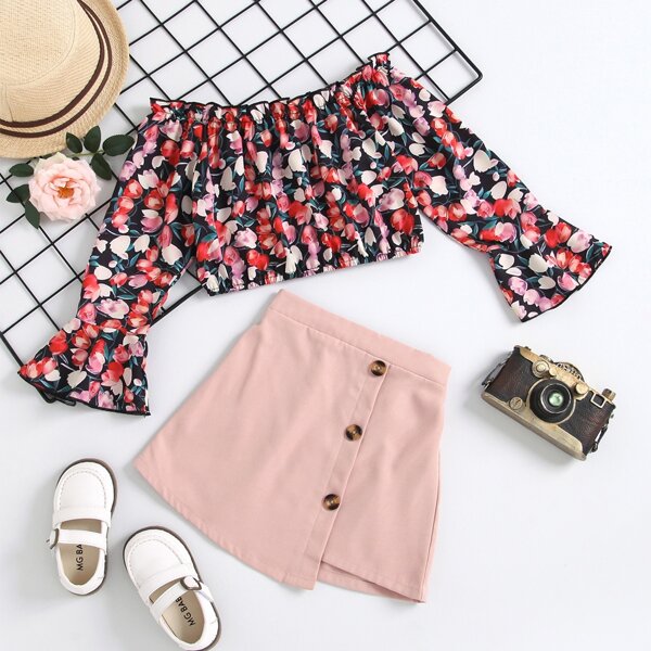 

Toddler Girls Floral Blouse With Skirt, Multicolor
