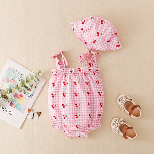 

Baby Girl Gingham And Cherry Print Cami Bodysuit With Hat, Pink