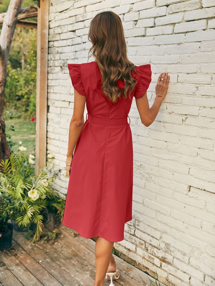 V-neck Ruffle Sleeve Belted Dress - Burgundy - View 2