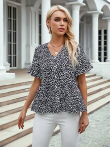 SHEIN Unity Allover Print Button Front Blouse - Black and White - View 3