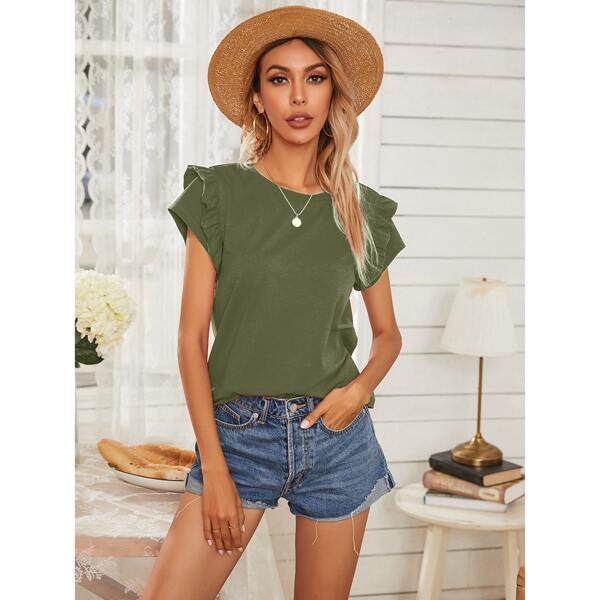 

Ruffle Trim Solid Tee, Army green