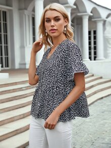 SHEIN Unity Allover Print Button Front Blouse - Black and White - View 4