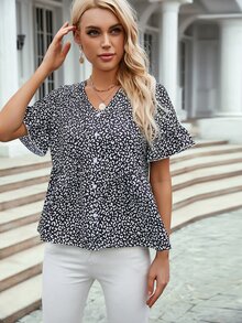 SHEIN Unity Allover Print Button Front Blouse - Black and White - View 5