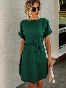 SHEIN LUNE Solid Self Tie Tunic Dress - Dark Green - View 1
