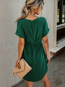 SHEIN LUNE Solid Self Tie Tunic Dress - Dark Green - View 2