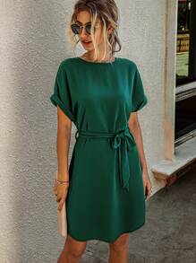 SHEIN LUNE Solid Self Tie Tunic Dress - Dark Green - View 3