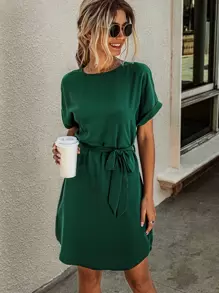 SHEIN LUNE Solid Self Tie Tunic Dress - Dark Green - View 4