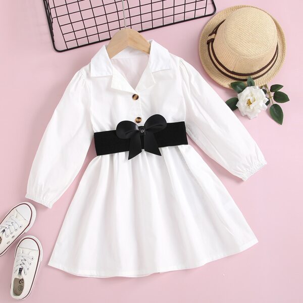 

Toddler Girls Lapel Neck Bow Front Belted Dress, White