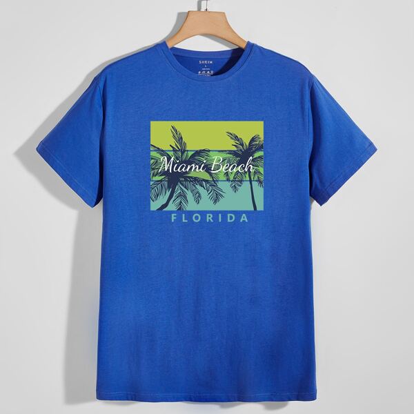 

Men Palm Tree And Letter Graphic Tee, Royal blue