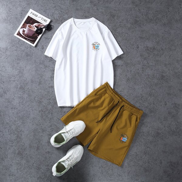 

Men Tropical Print Tee With Shorts, White